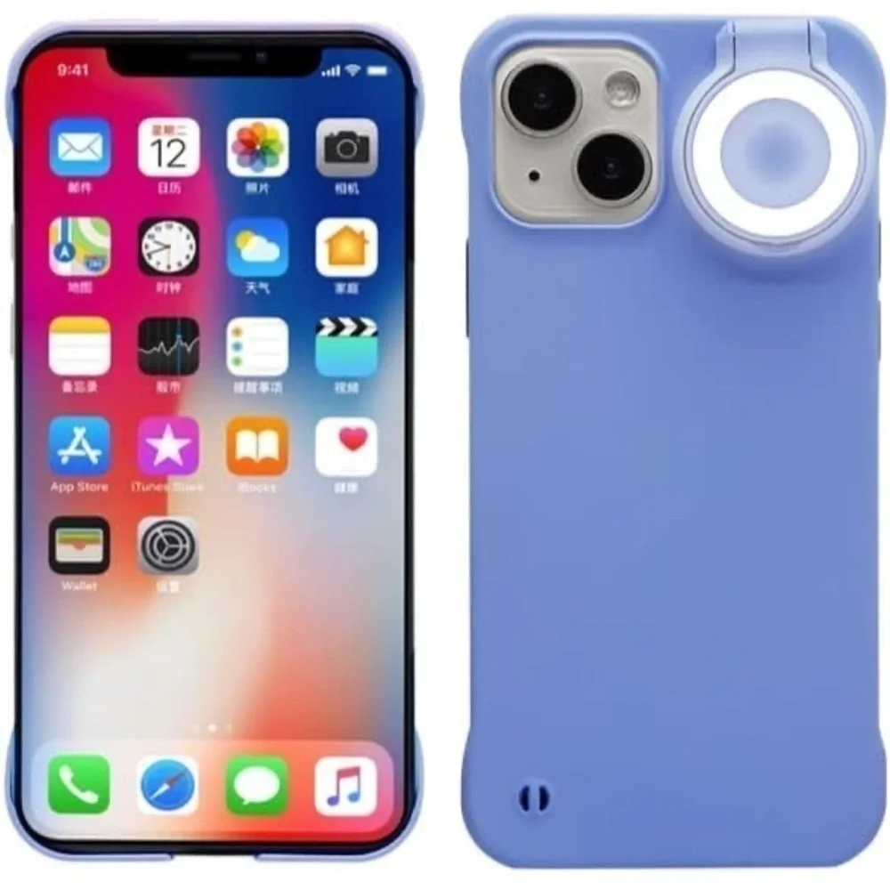 Brand New Selfie Ring Light Flip Phone Case for iPhone 14 Pro Max 3 Modes Blue